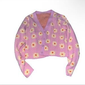 Floral Pink Cardigan Sweater Women’s OS One Size Daisy Flower Winter Long Sleeve